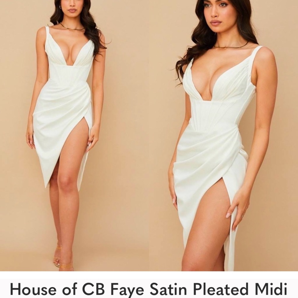 House of CB White Bodycon Midi Dress with Pleated Design and Plunge Neckline